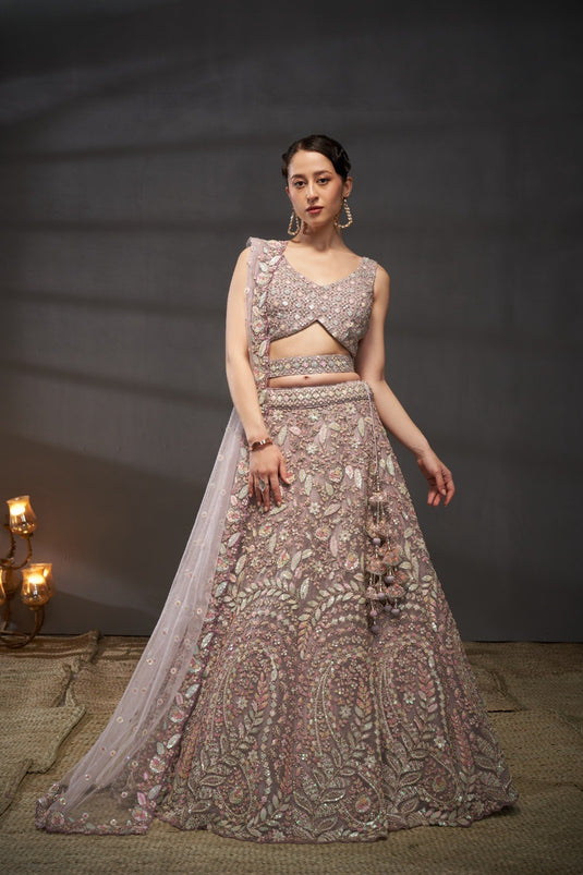 Cream Net Multicolor Sequins Embroidered Semi Stitched Bridal Lehenga Choli