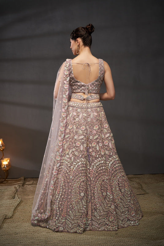 Cream Net Multicolor Sequins Embroidered Semi Stitched Bridal Lehenga Choli