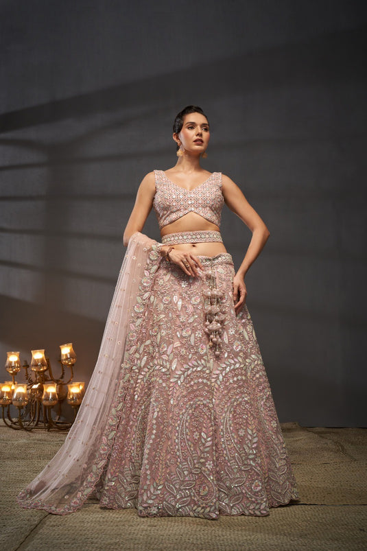 Cream Net Multicolor Sequins Embroidered Semi Stitched Bridal Lehenga Choli