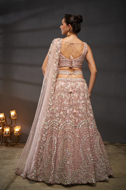 Cream Net Multicolor Sequins Embroidered Semi Stitched Bridal Lehenga Choli