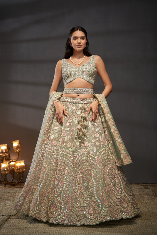 Cream Net Multicolor Sequins Embroidered Semi Stitched Bridal Lehenga Choli