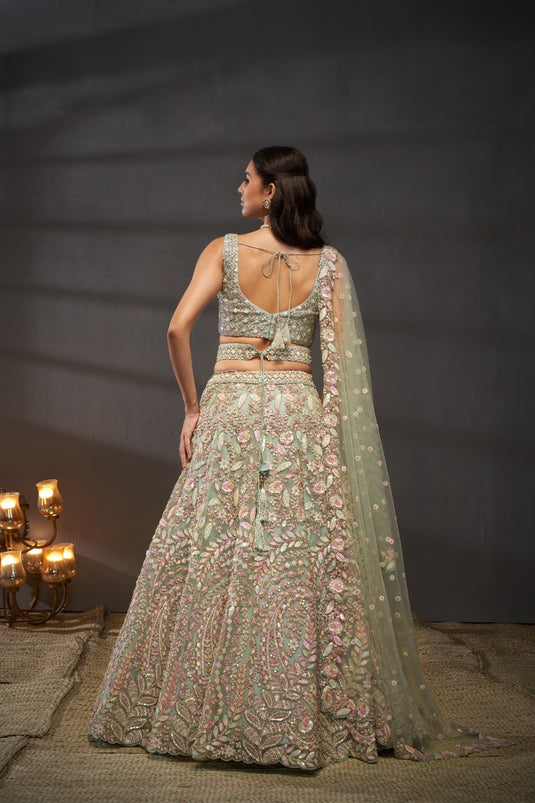 Cream Net Multicolor Sequins Embroidered Semi Stitched Bridal Lehenga Choli