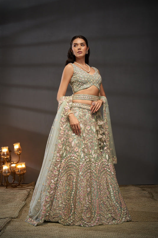 Cream Net Multicolor Sequins Embroidered Semi Stitched Bridal Lehenga Choli