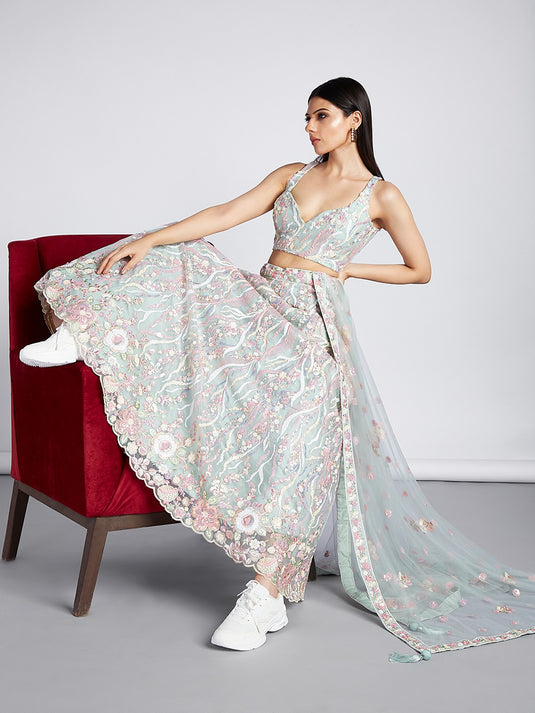 Cream Net Sequins Embroidered Semi Stitched Wedding Wear Lehenga Choli