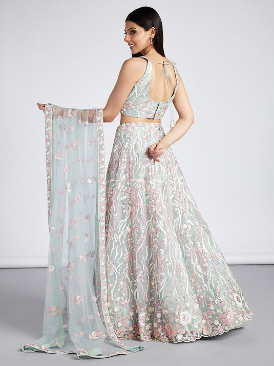 Cream Net Sequins Embroidered Semi Stitched Wedding Wear Lehenga Choli