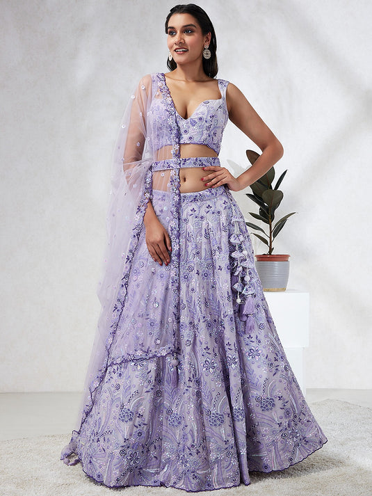 Lavender Poly Georgette Thread & Sequins Embroidered Semi Stitched Bridal Lehenga Choli