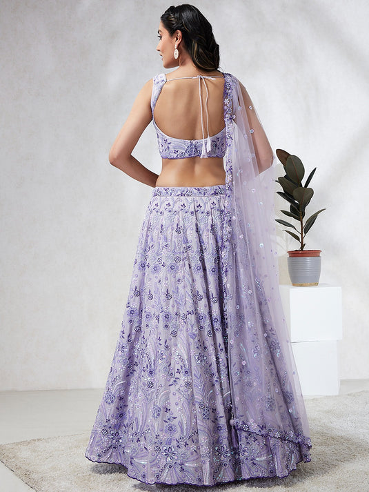 Lavender Poly Georgette Thread & Sequins Embroidered Semi Stitched Bridal Lehenga Choli
