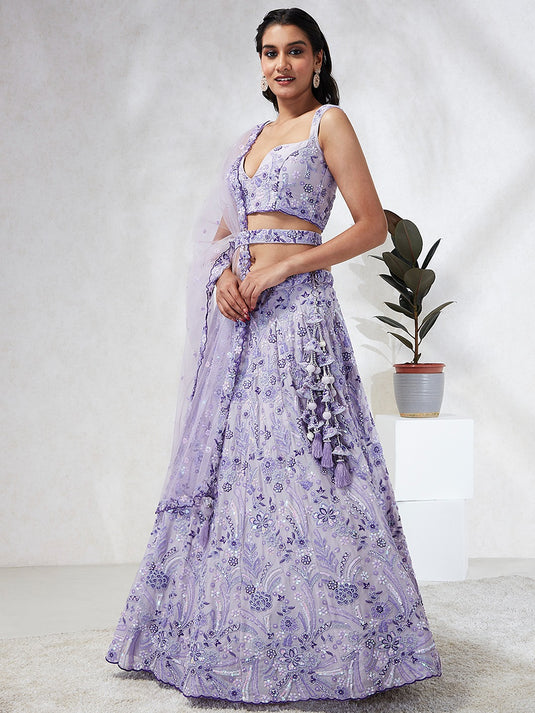 Lavender Poly Georgette Thread & Sequins Embroidered Semi Stitched Bridal Lehenga Choli