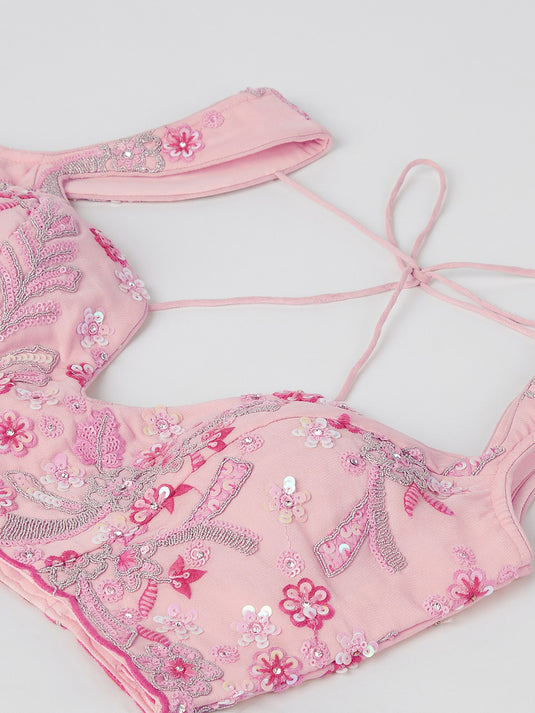 Lavender Poly Georgette Thread & Sequins Embroidered Semi Stitched Bridal Lehenga Choli