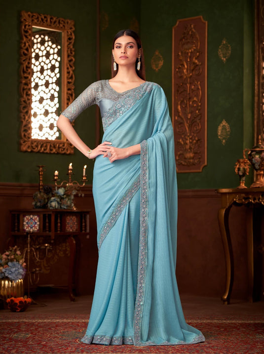 Dusty Pink Silk Chiffon Zari & Sequins Embroidered Work Saree