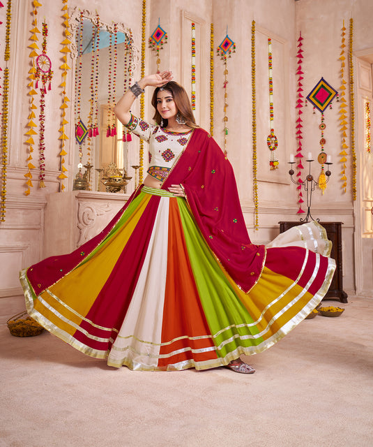 Navratri Special Multi color Viscose Cotton Lampi Work Ready to wear Fully Stitched Festive Wear Lehenga Choli