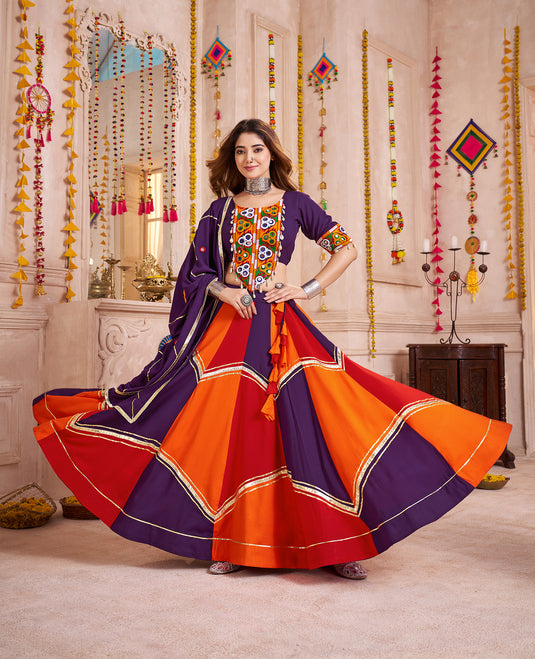 Navratri Special Multicolor Gamthi Work Viscose Cotton Readymade Fully Stitched Festive Wear Lehenga Choli For Women
