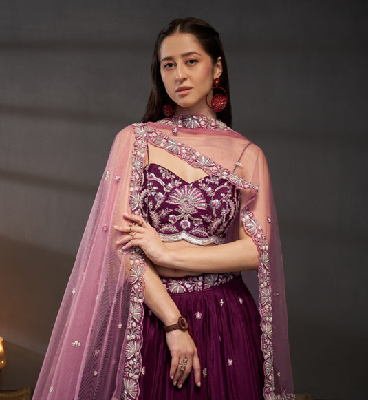 Teal Poly Chiffon Thread & Sequins Embroidered Semi Stitched Bridal Lehenga Choli