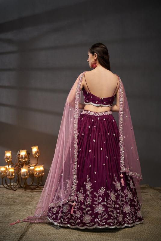 Teal Poly Chiffon Thread & Sequins Embroidered Semi Stitched Bridal Lehenga Choli