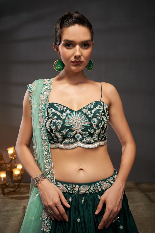Teal Poly Chiffon Thread & Sequins Embroidered Semi Stitched Bridal Lehenga Choli