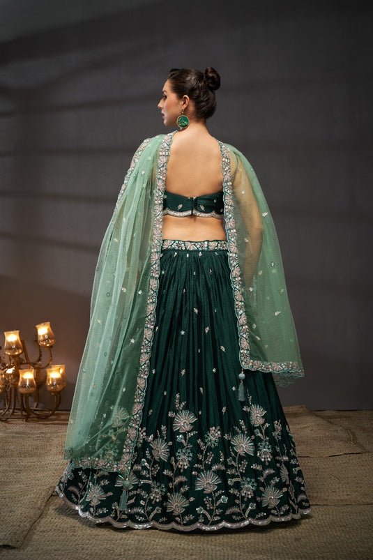 Teal Poly Chiffon Thread & Sequins Embroidered Semi Stitched Bridal Lehenga Choli