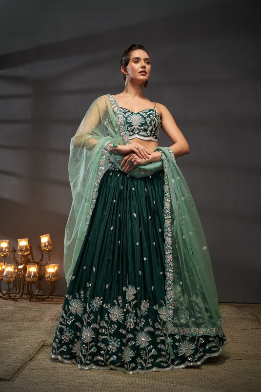 Teal Poly Chiffon Thread & Sequins Embroidered Semi Stitched Bridal Lehenga Choli
