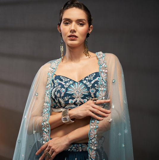 Teal Poly Chiffon Thread & Sequins Embroidered Semi Stitched Bridal Lehenga Choli
