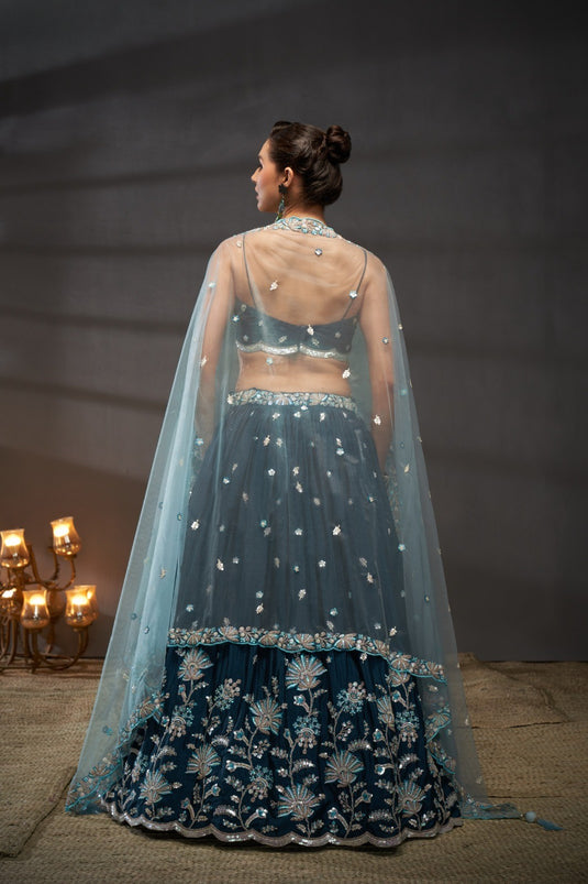 Teal Poly Chiffon Thread & Sequins Embroidered Semi Stitched Bridal Lehenga Choli