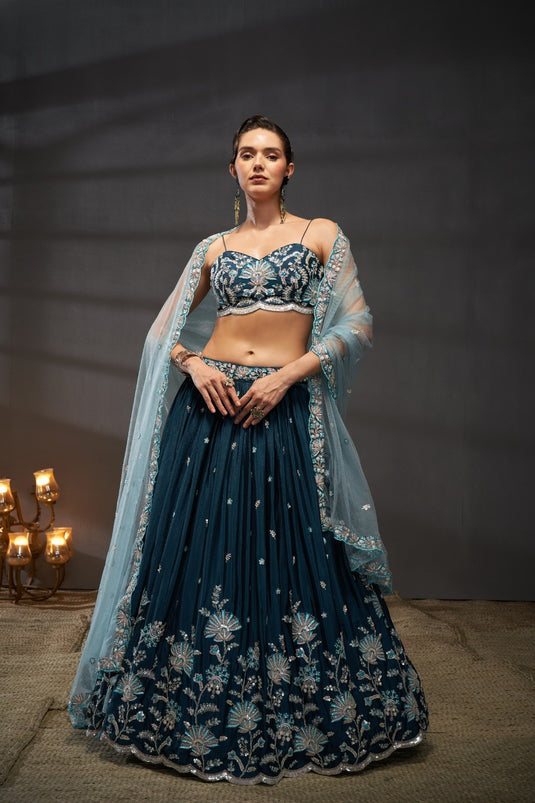 Teal Poly Chiffon Thread & Sequins Embroidered Semi Stitched Bridal Lehenga Choli