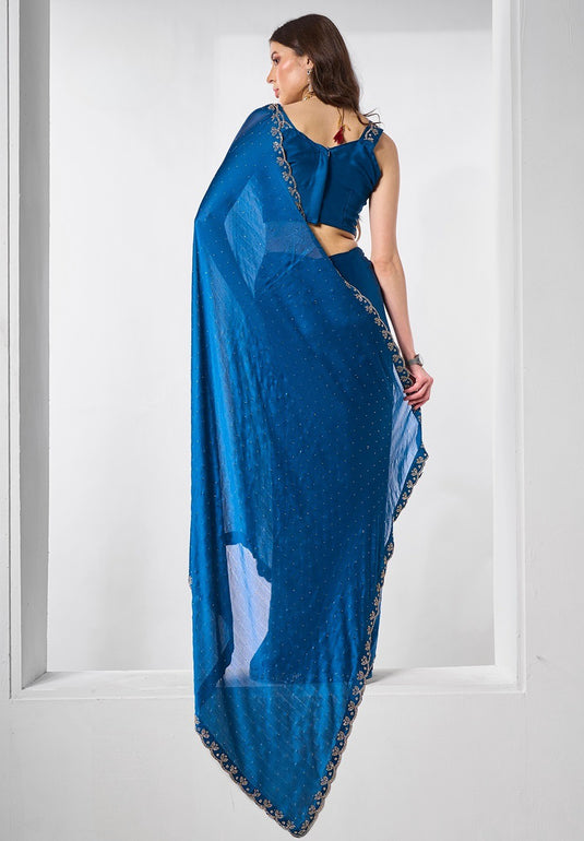 Blue Satin Chiffon Zarkan Stone Embellished Festive Wear Saree