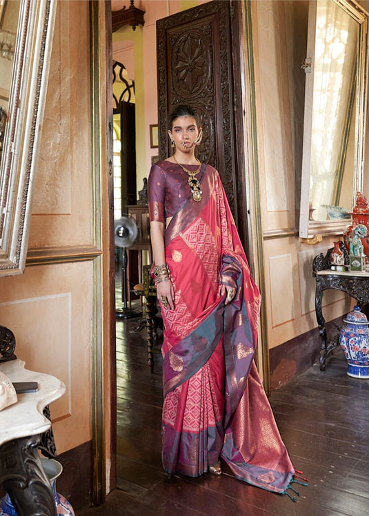 Wine Handloom Pochampally Weaving Silk Festive Wear Saree For Women