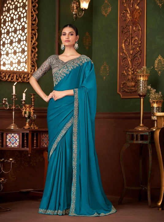 Dusty Pink Silk Chiffon Zari & Sequins Embroidered Work Saree