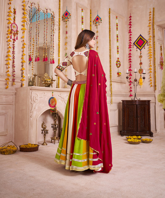 Navratri Special Multi color Viscose Cotton Lampi Work Ready to wear Fully Stitched Festive Wear Lehenga Choli