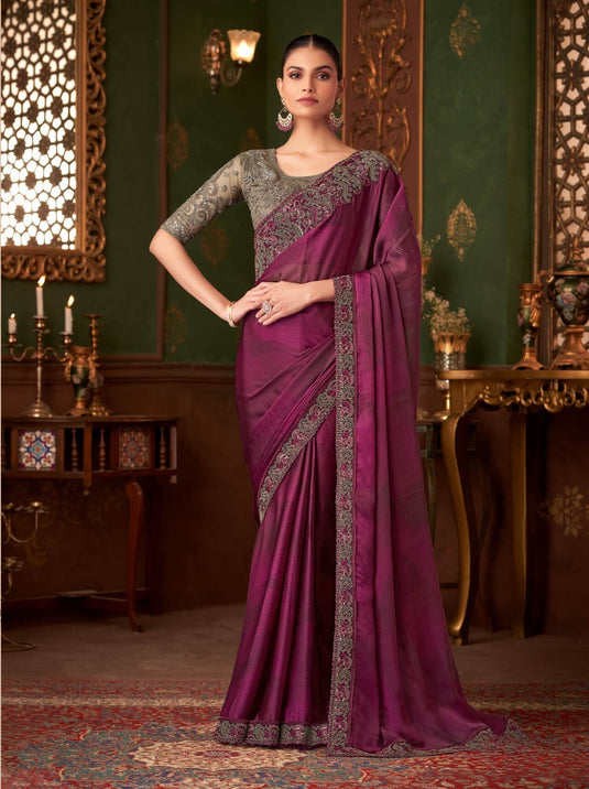 Dusty Pink Silk Chiffon Zari & Sequins Embroidered Work Saree