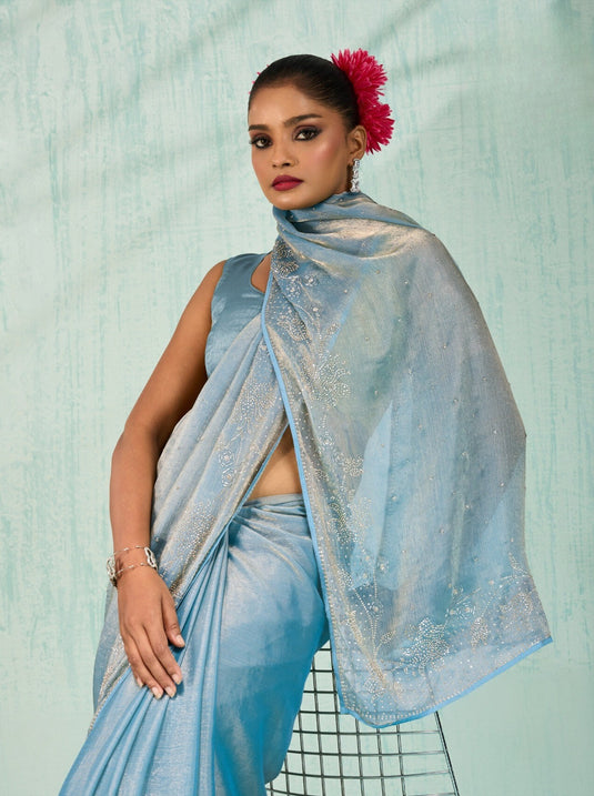 Designer Pink Zarkhan Embellished Dual Tone Velvet Chiffon Festive Wear Saree For Women