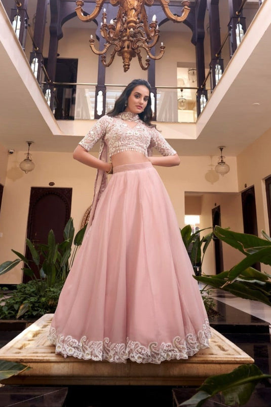 Green Vichitra Silk Sequins & Pearl Embroidered Semi Stitched Bridal Lehenga Choli