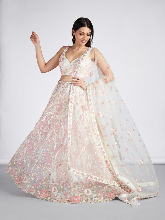 Cream Net Sequins Embroidered Semi Stitched Wedding Wear Lehenga Choli