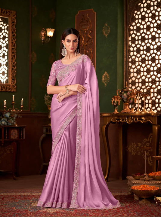 Dusty Pink Silk Chiffon Zari & Sequins Embroidered Work Saree
