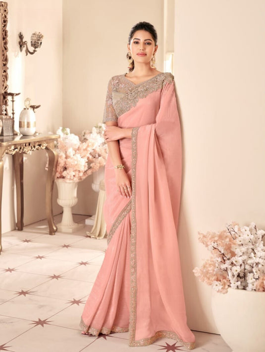 Purple Two Tone Georgette Silk Zari & Thread Embroidered Festive Wear Saree