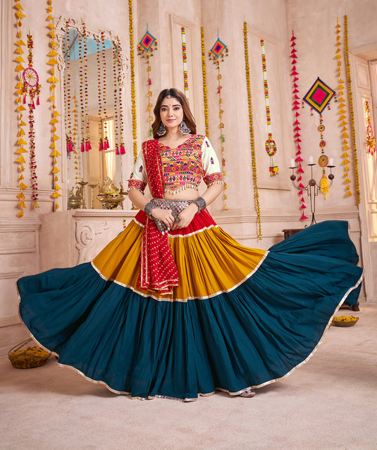 Navratri Special Multi color Viscose Cotton Lampi Work Ready to wear Fully Stitched Festive Wear Lehenga Choli