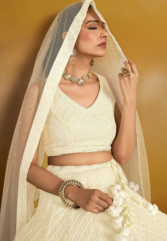 Grey Georgette Sequins & Thread Embroidered Semi Stitched Wedding Wear Lehenga Choli