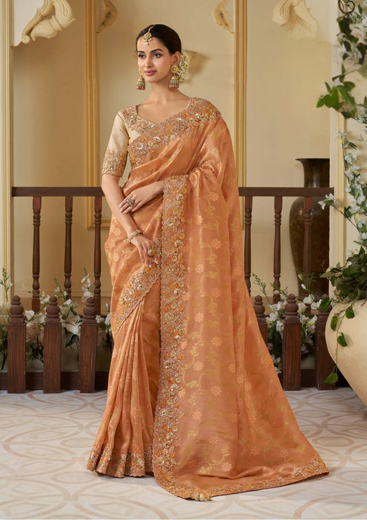Orange Tissue Silk Zari & Stone Pearl Embroidered Mirror Work Saree
