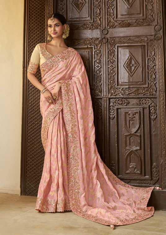 Orange Tissue Silk Zari & Stone Pearl Embroidered Mirror Work Saree