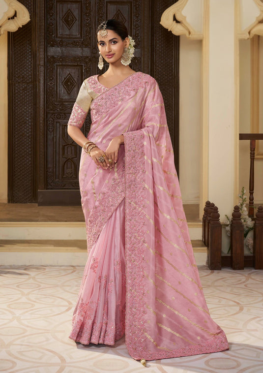 Orange Tissue Silk Zari & Stone Pearl Embroidered Mirror Work Saree