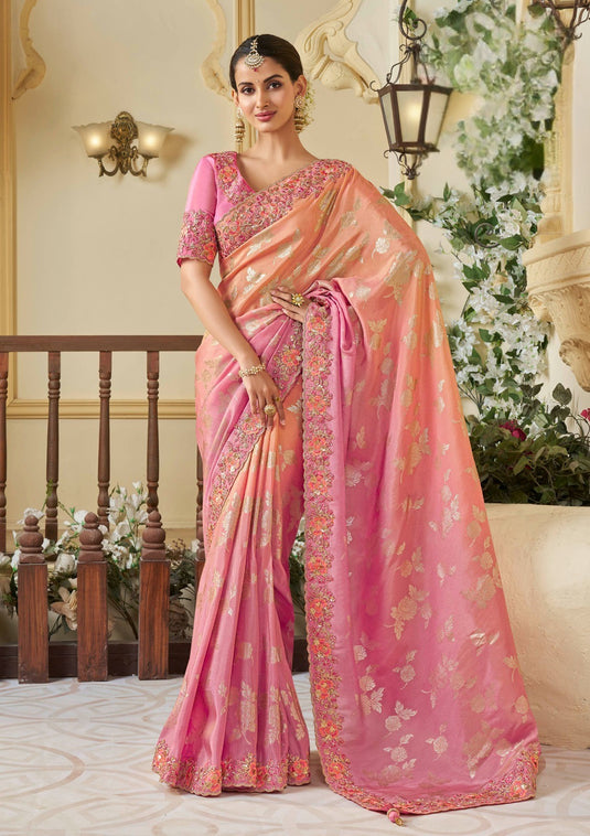 Orange Tissue Silk Zari & Stone Pearl Embroidered Mirror Work Saree