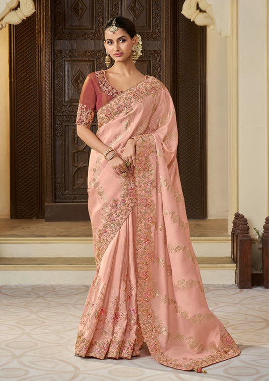 Orange Tissue Silk Zari & Stone Pearl Embroidered Mirror Work Saree