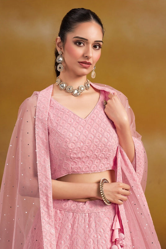 Grey Georgette Sequins & Thread Embroidered Semi Stitched Wedding Wear Lehenga Choli