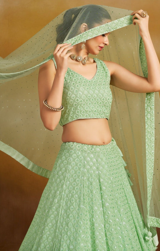 Grey Georgette Sequins & Thread Embroidered Semi Stitched Wedding Wear Lehenga Choli