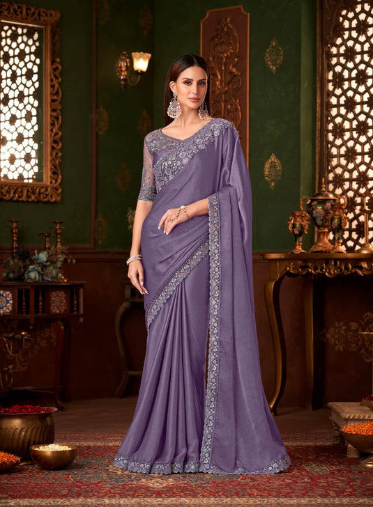 Dusty Pink Silk Chiffon Zari & Sequins Embroidered Work Saree