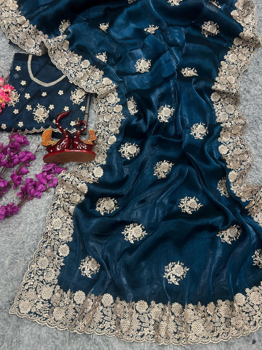 Teal Blue Burberry Silk Zari Embroidered Work Saree