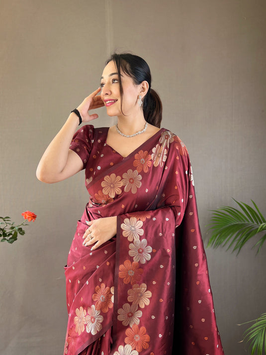 Maroon classic soft silk copper and gold floral weaving saree