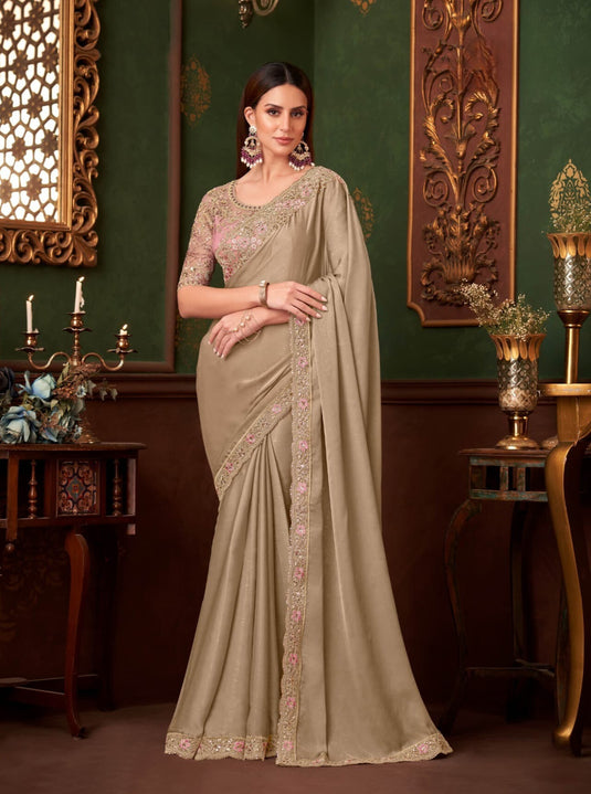 Dusty Pink Silk Chiffon Zari & Sequins Embroidered Work Saree
