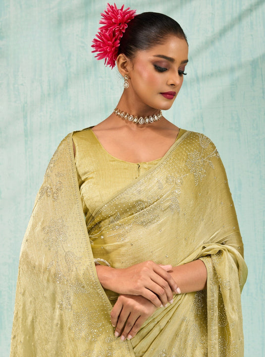 Designer Pink Zarkhan Embellished Dual Tone Velvet Chiffon Festive Wear Saree For Women