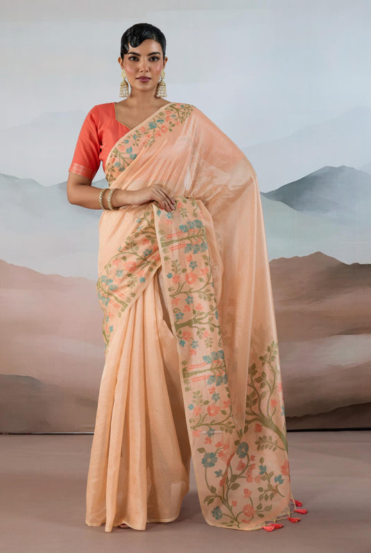 Pink Handloom Zari Tissue Brasso Weaving Festive Saree For Women