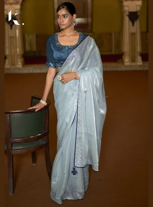 Blue Soft Tissue Silk Swarovski Work Saree With Contrast Swarovski Work Blouse.